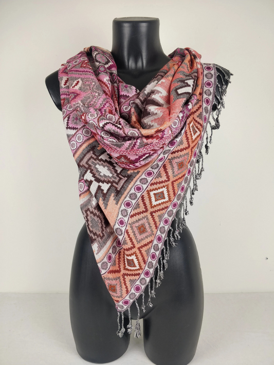 Pashmina Jyoti en viscose multicolore et réversible. Echarpe motif inca, tons rose.