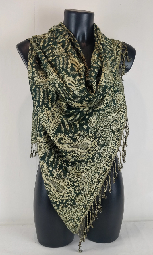 Pashmina Asoha réversible en viscose. Echarpe aux motifs paisley vert.