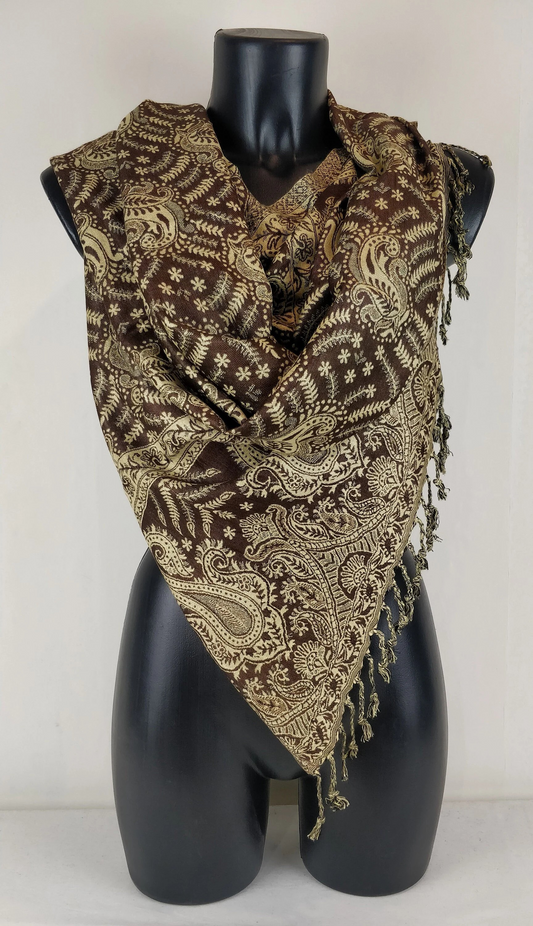 Pashmina Asoha réversible en viscose. Echarpe aux motifs paisley marron.