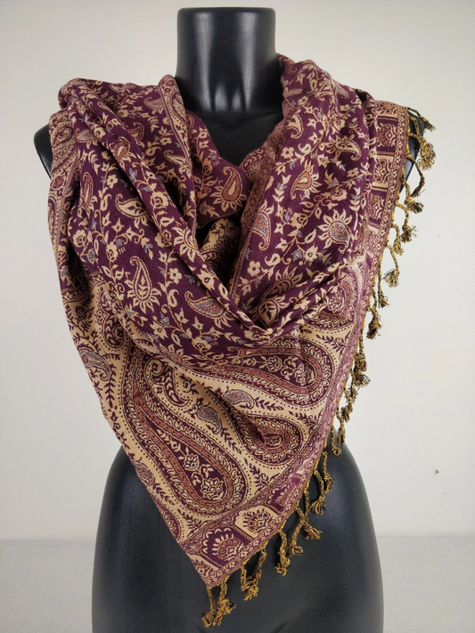 Pashmina réversible Sankya en viscose. Echarpe motif paisley pourpre.