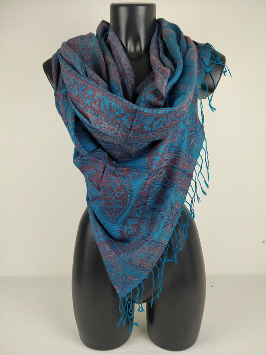 Pashmina Mangal réversible en modal / soie. Echarpe aux motifs paisley bleu.