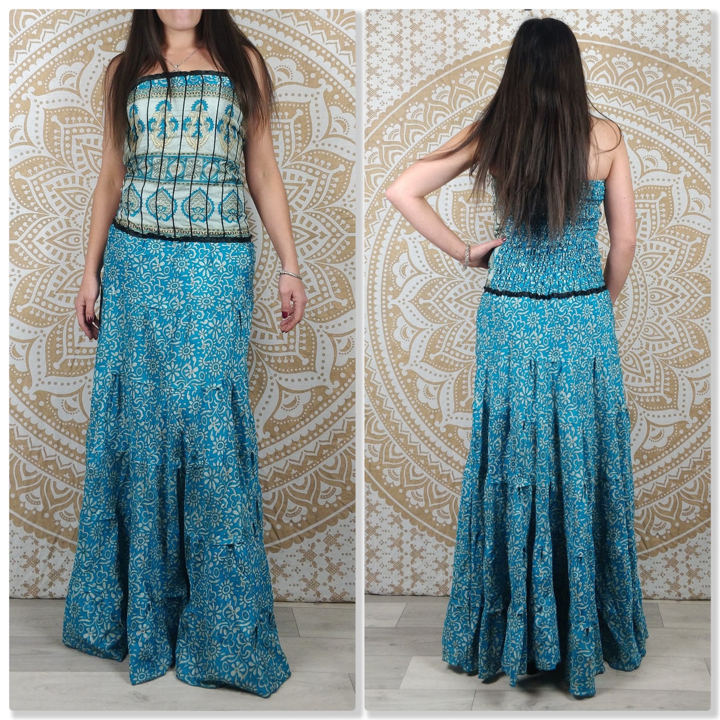 Robe longue bustier Gaya en soie indienne. Robe bohème ajustée et évasée. Différentes couleurs.