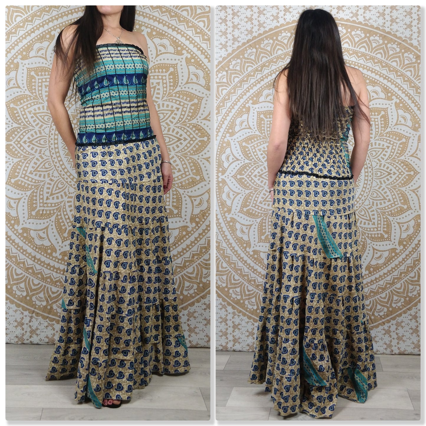 Robe longue bustier Gaya en soie indienne. Robe bohème ajustée et évasée. Différentes couleurs.