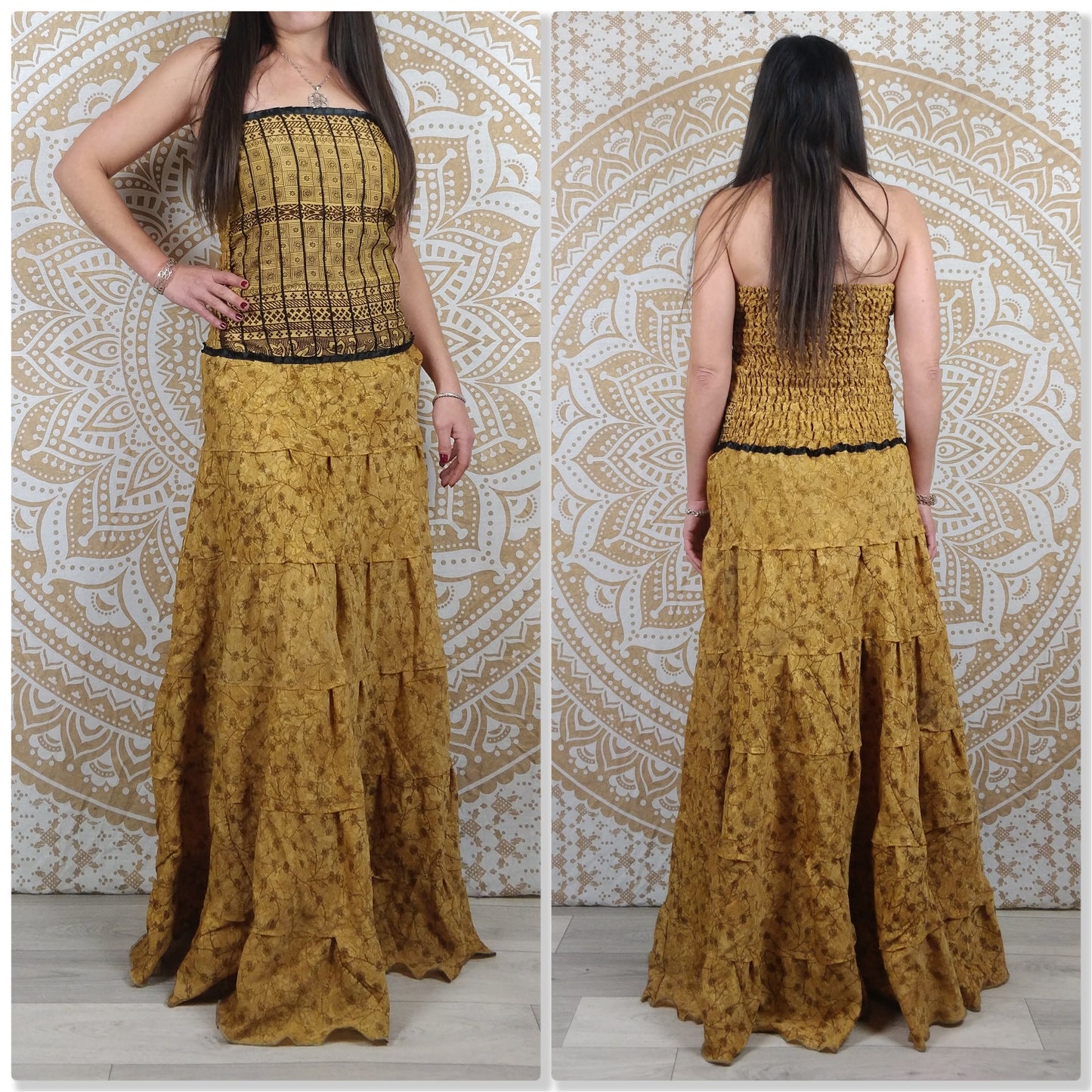 Robe longue bustier Gaya en soie indienne. Robe bohème ajustée et évasée. Différentes couleurs.