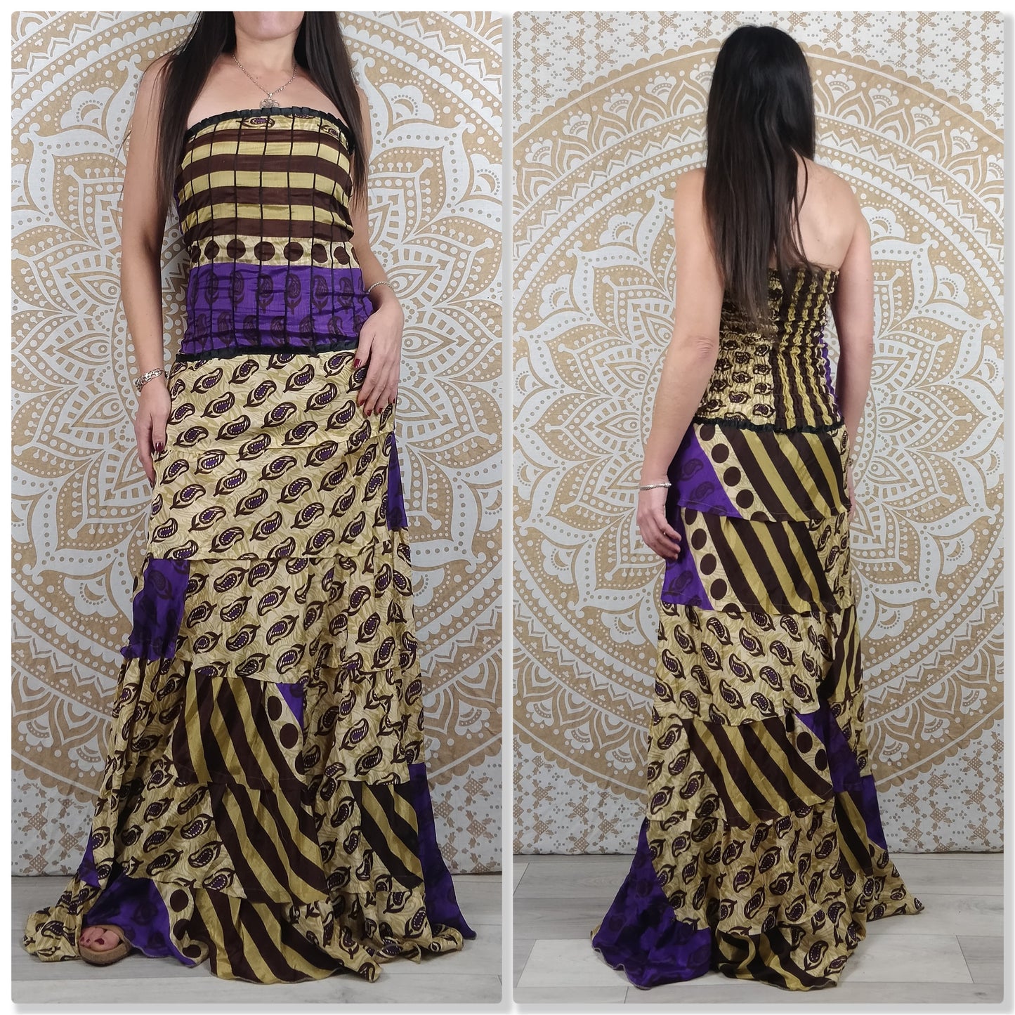 Robe longue bustier Gaya en soie indienne. Robe bohème ajustée et évasée. Différentes couleurs.