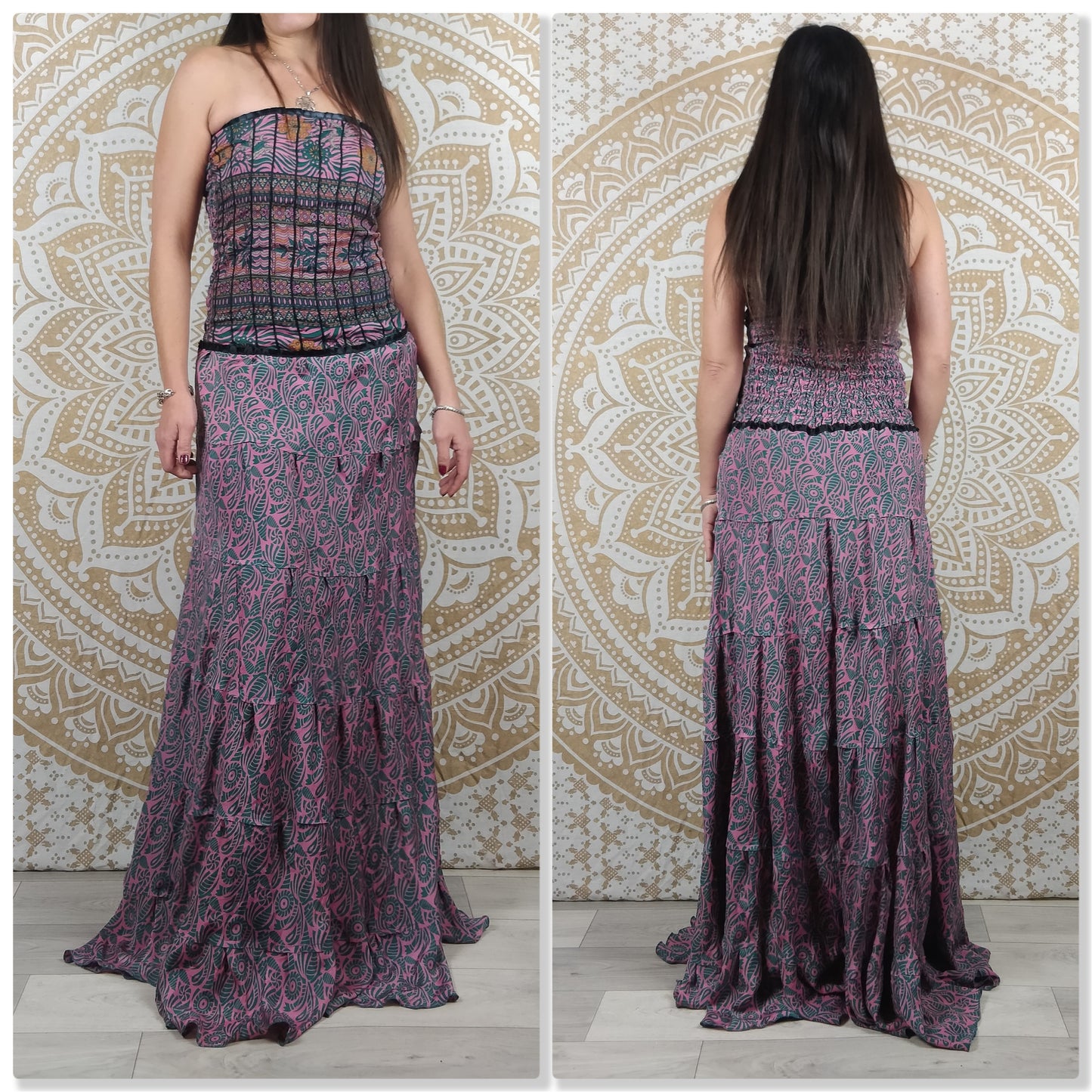 Robe longue bustier Gaya en soie indienne. Robe bohème ajustée et évasée. Différentes couleurs.