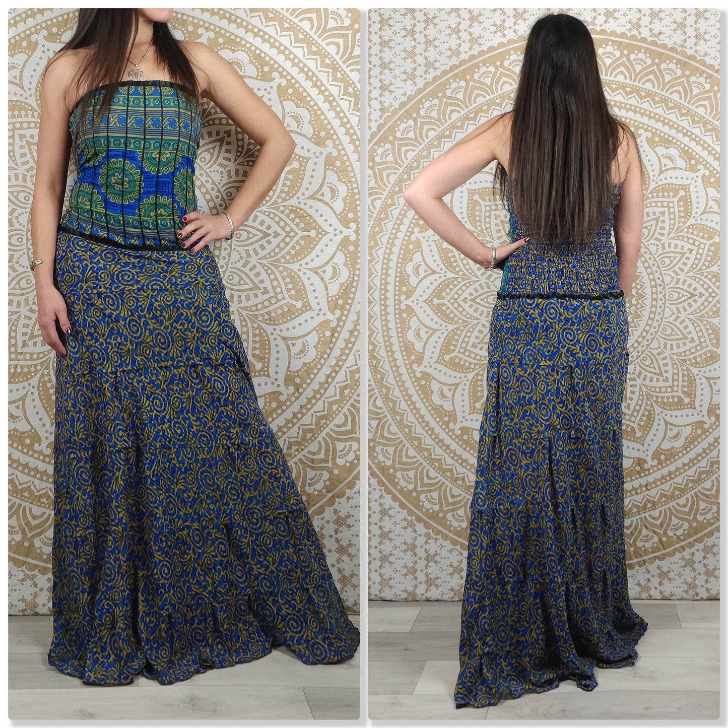 Robe longue bustier Gaya en soie indienne. Robe bohème ajustée et évasée. Différentes couleurs.