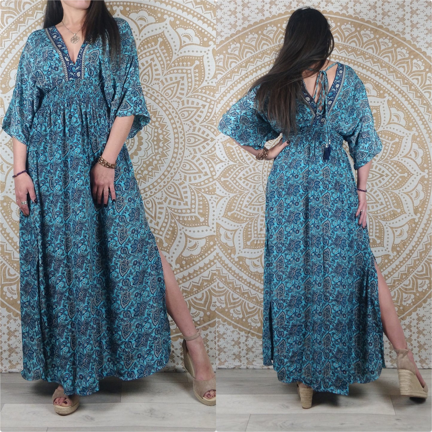 Robe longue Leelka en soie indienne.  Robe bohème fendu et avec col en V. Différentes couleurs.