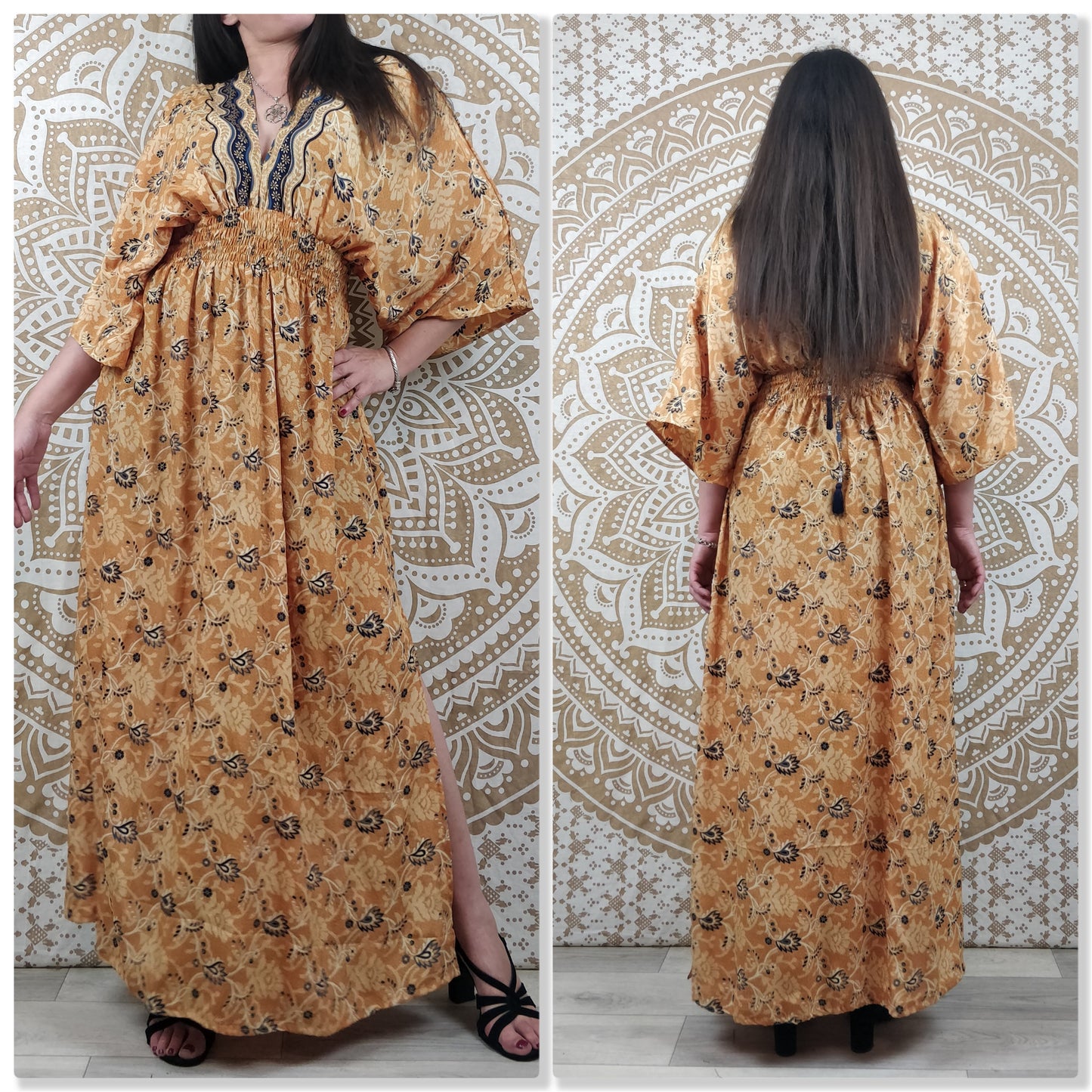 Robe longue Leelka en soie indienne.  Robe bohème fendu et avec col en V. Différentes couleurs.