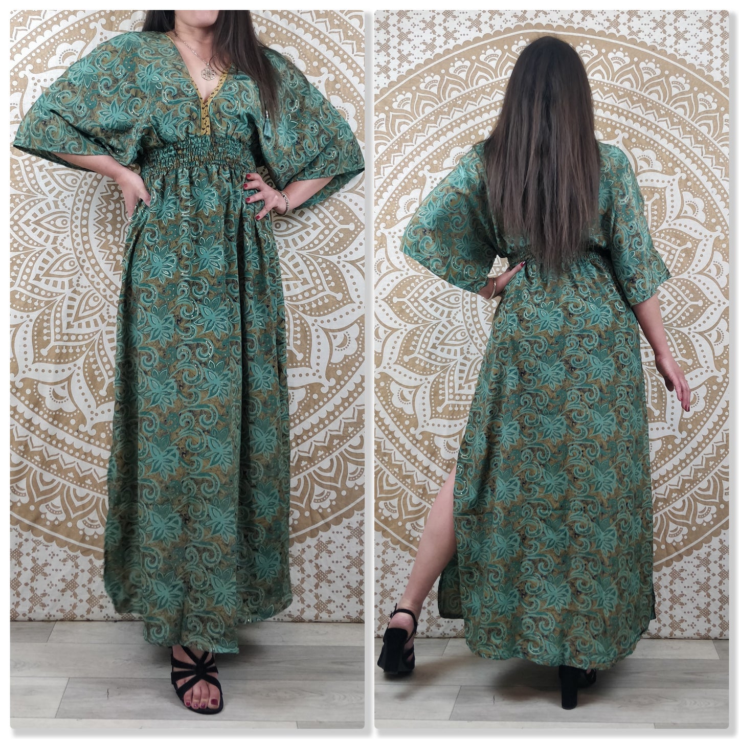 Robe longue Leelka en soie indienne.  Robe bohème fendu et avec col en V. Différentes couleurs.