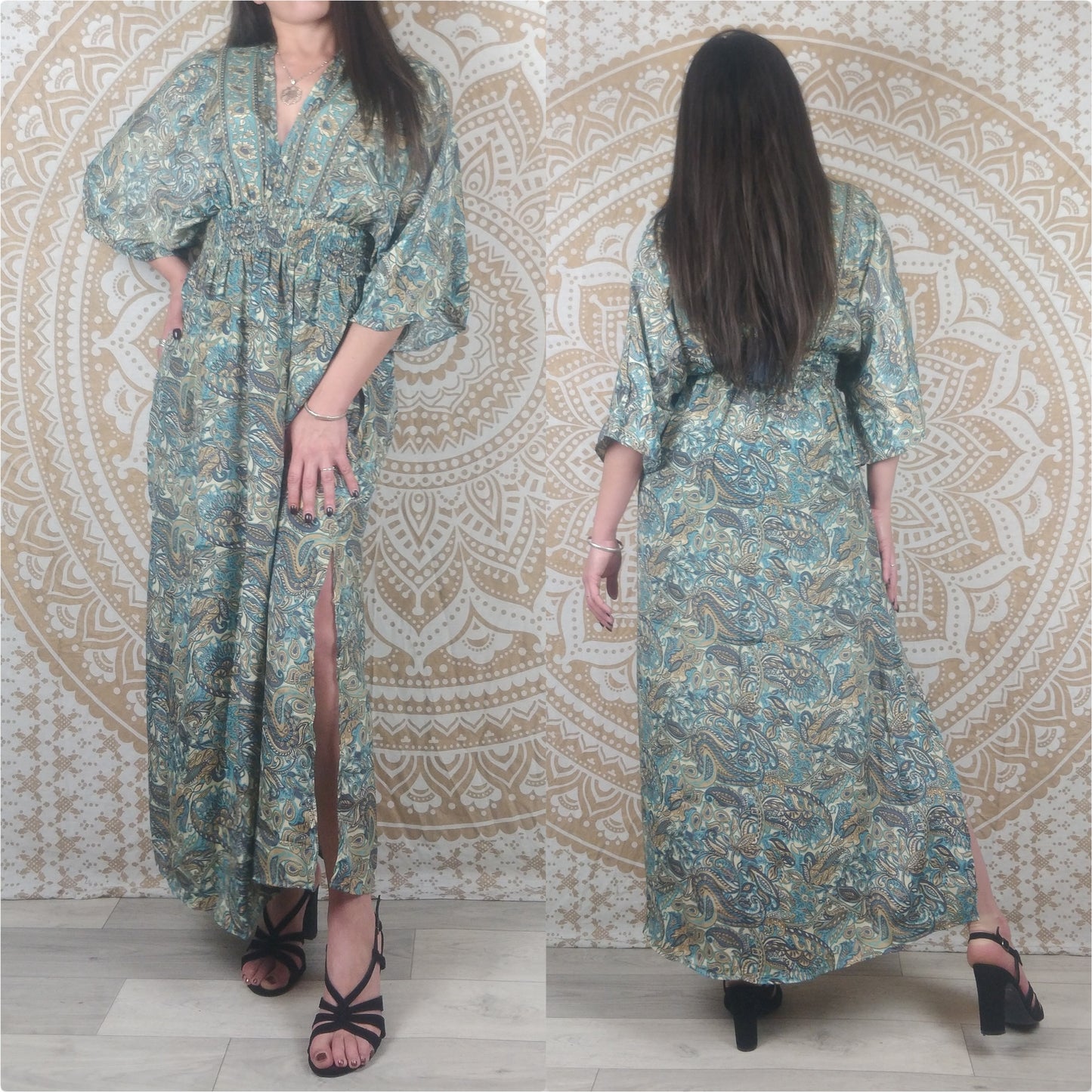 Robe longue Leelka en soie indienne.  Robe bohème fendu et avec col en V. Différentes couleurs.