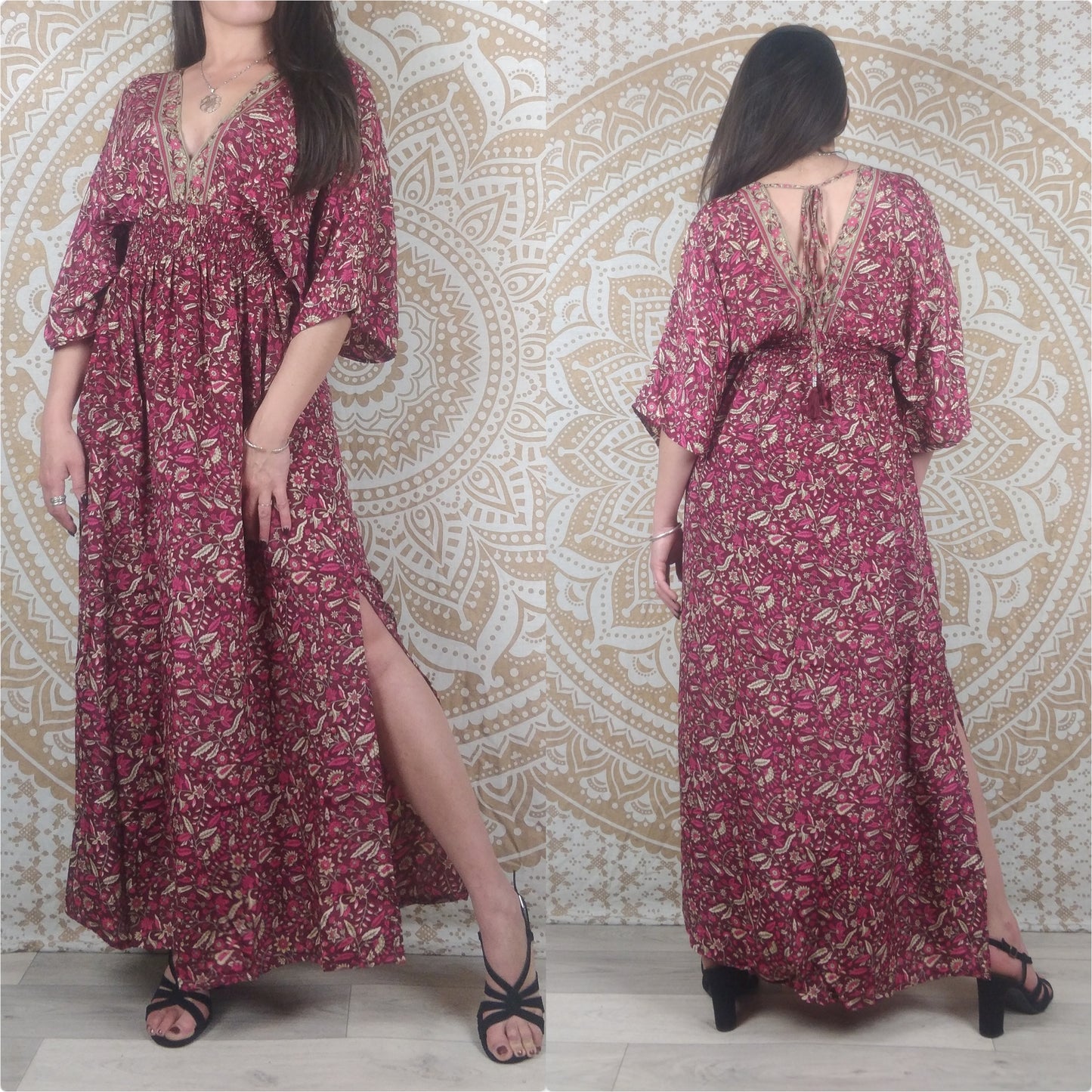 Robe longue Leelka en soie indienne.  Robe bohème fendu et avec col en V. Différentes couleurs.