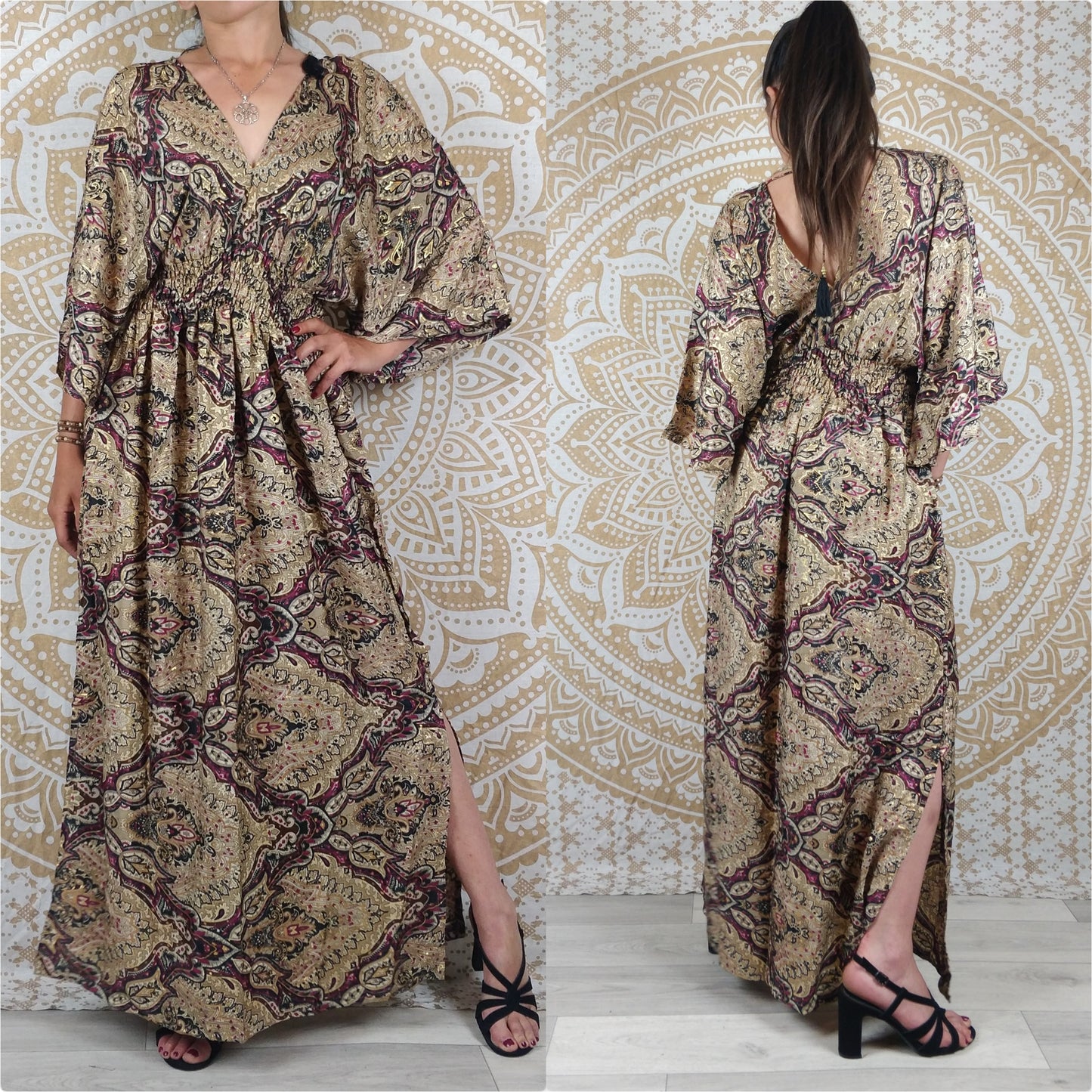 Robe longue Leelka en soie indienne.  Robe bohème fendu et avec col en V. Différentes couleurs.