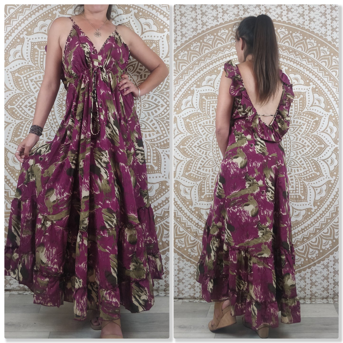 Robe dos nu Mahima en soie indienne. Robe longue bohème. Imprimé orange, vert, fuchsia, marron.