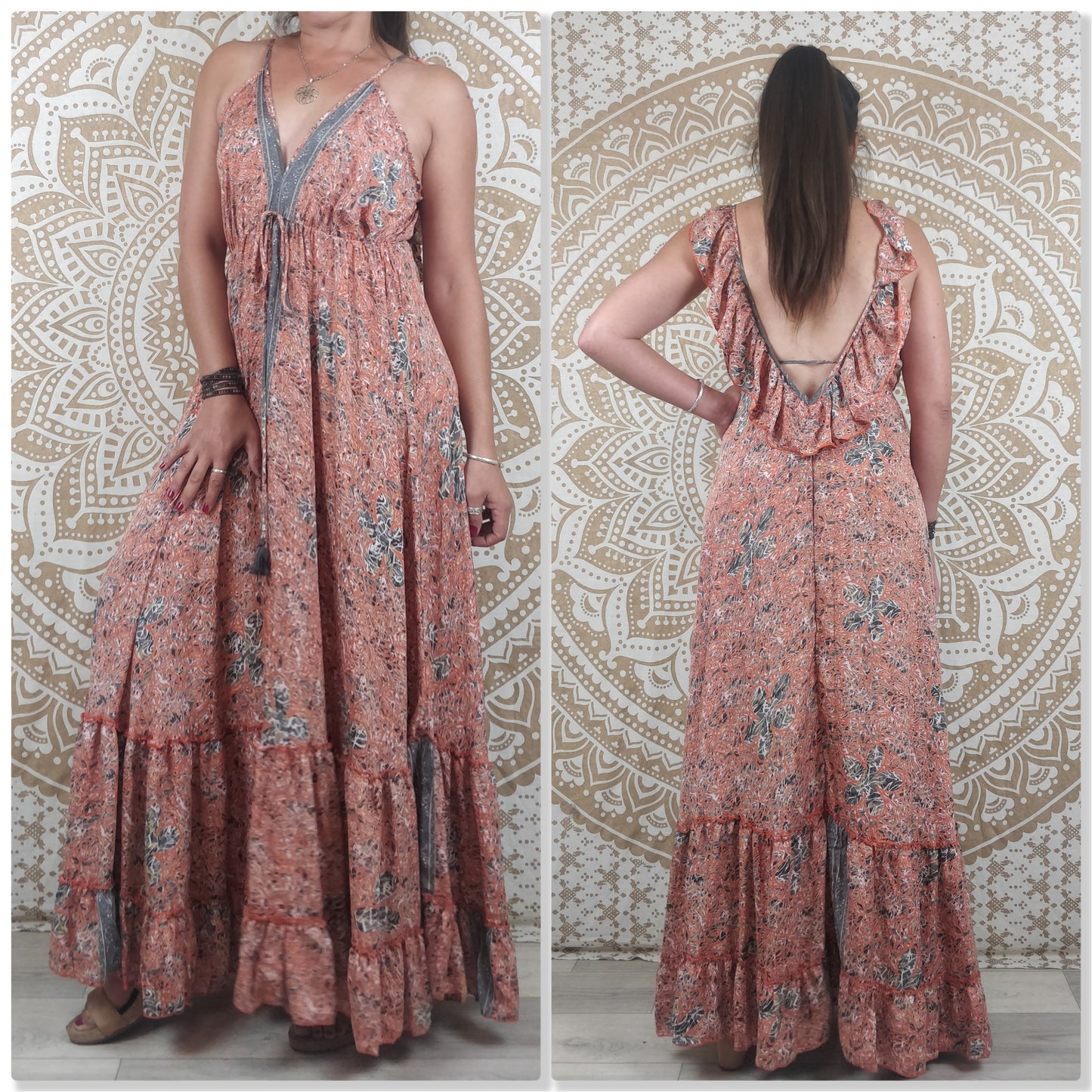 Robe dos nu Mahima en soie indienne. Robe longue bohème. Imprimé orange, vert, fuchsia, marron.