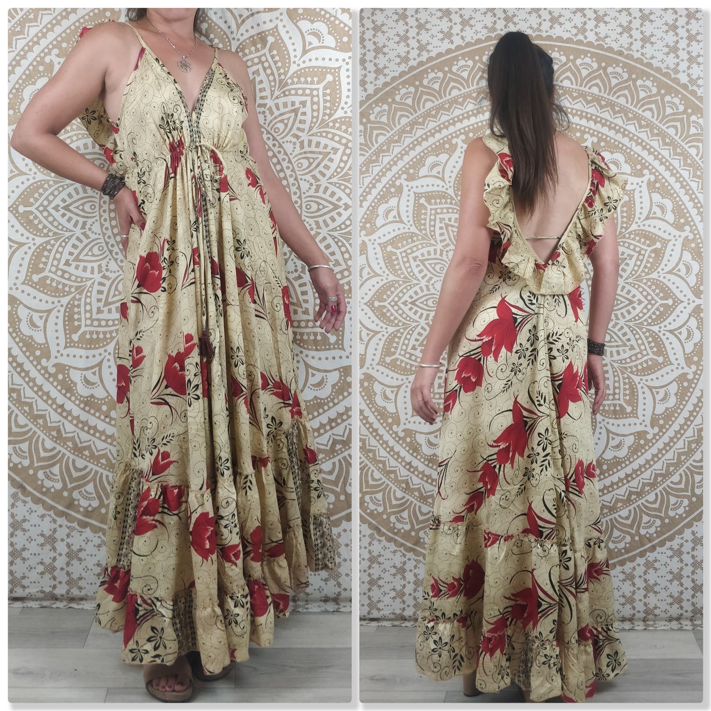 Robe dos nu Mahima en soie indienne. Robe longue bohème. Imprimé orange, vert, fuchsia, marron.