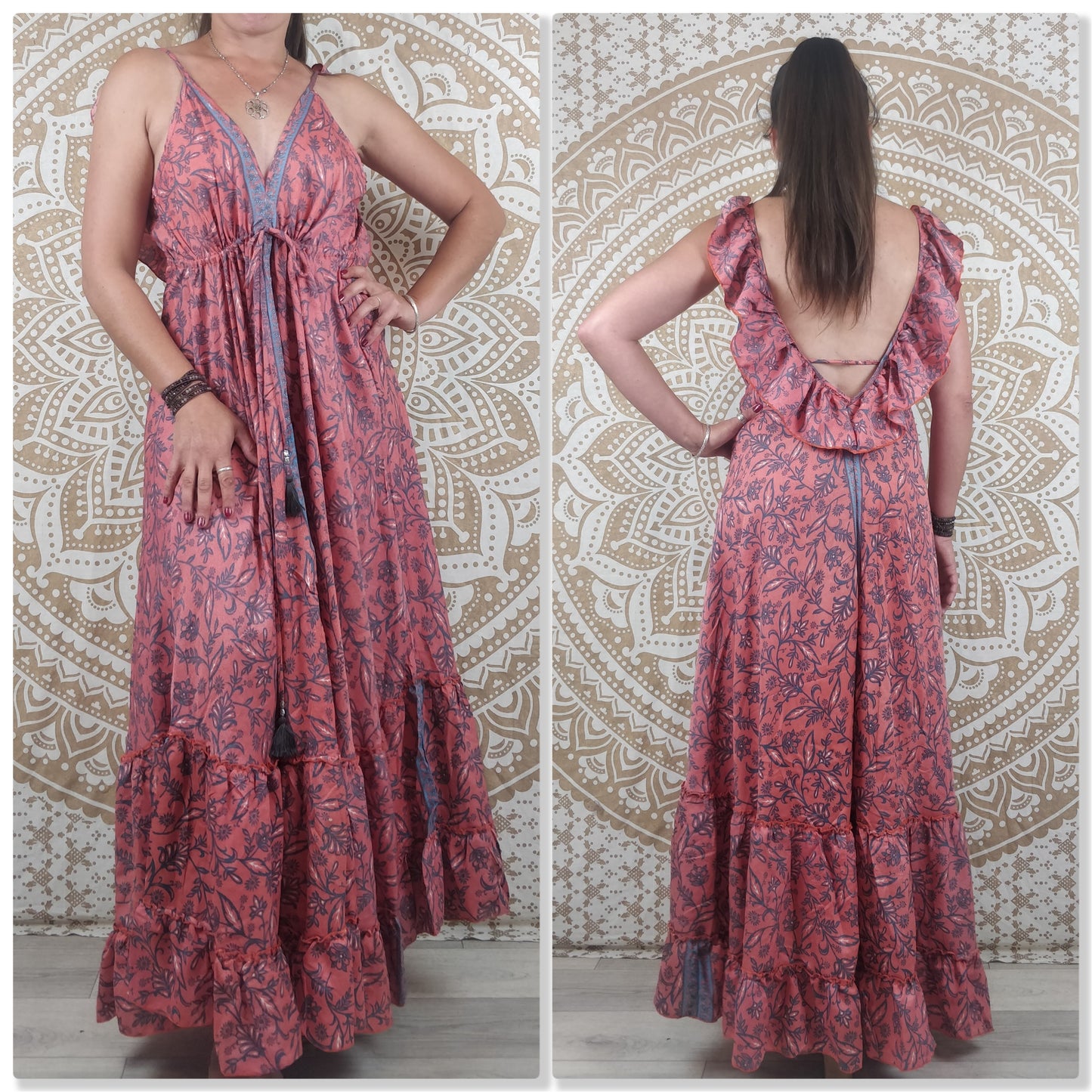 Robe dos nu Mahima en soie indienne. Robe longue bohème. Imprimé orange, vert, fuchsia, marron.