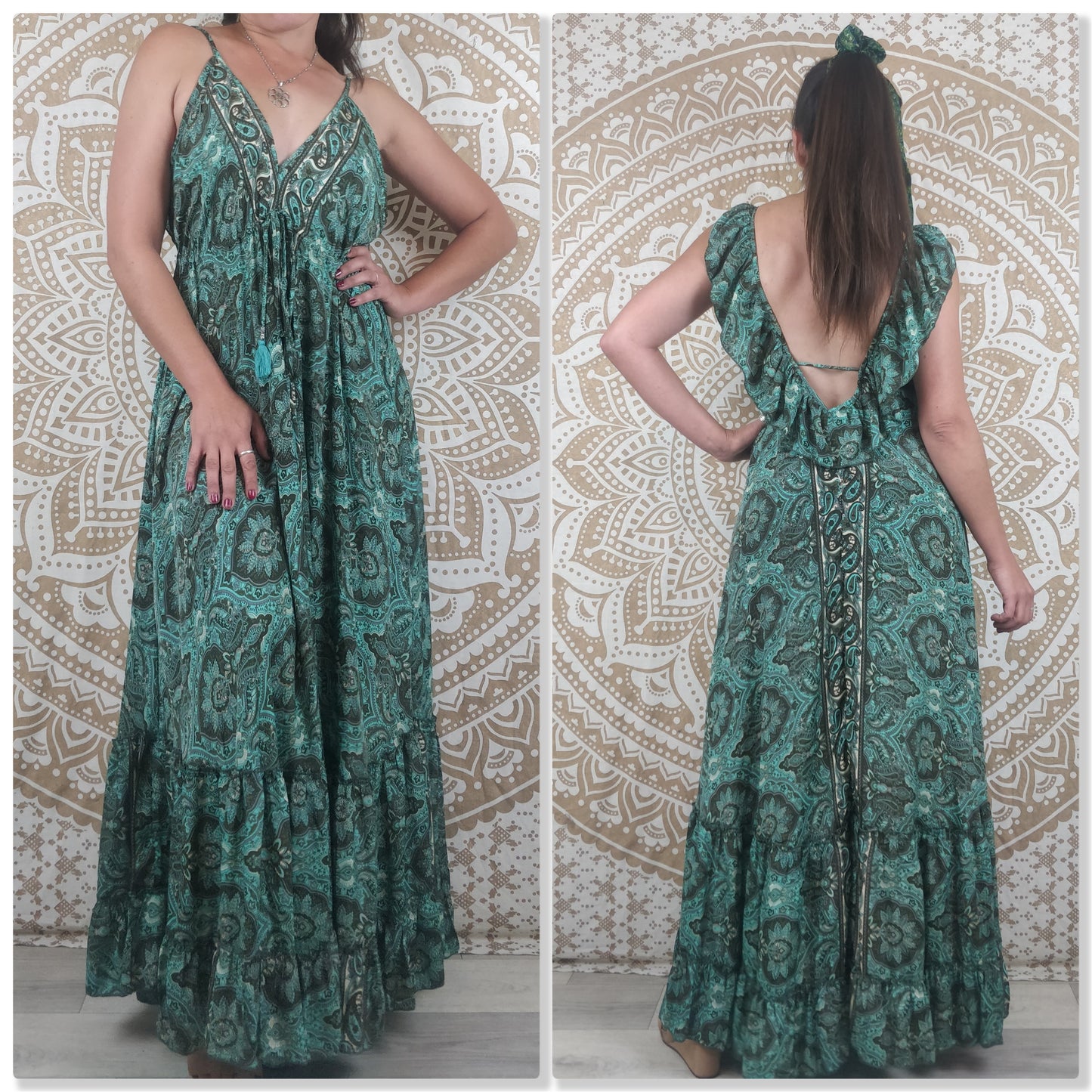 Robe dos nu Mahima en soie indienne. Robe longue bohème. Imprimé fleuri orange / ethnique vert et marron / paisley bleu et blanc.