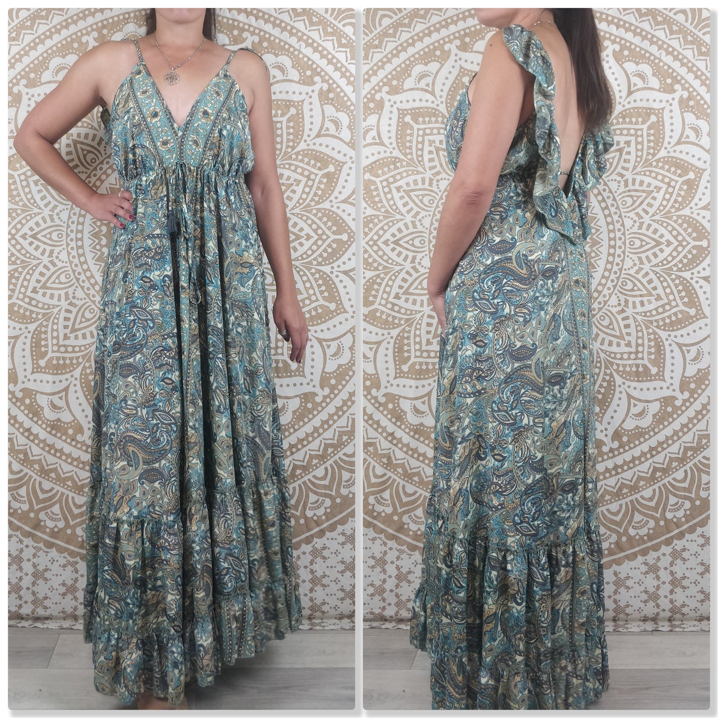 Robe dos nu Mahima en soie indienne. Robe longue bohème. Imprimé fleuri orange / ethnique vert et marron / paisley bleu et blanc.