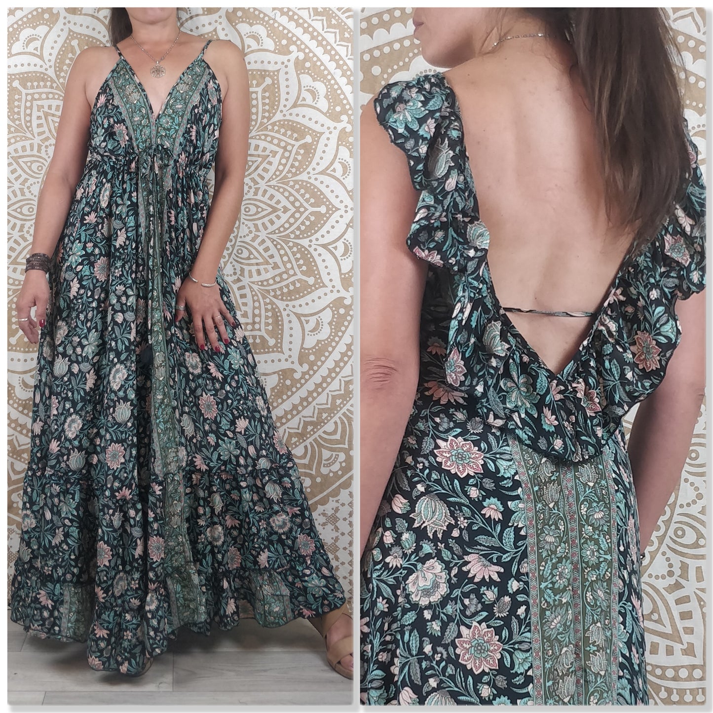 Robe dos nu Mahima en soie indienne. Robe longue bohème. Imprimé fleuri orange / ethnique vert et marron / paisley bleu et blanc.