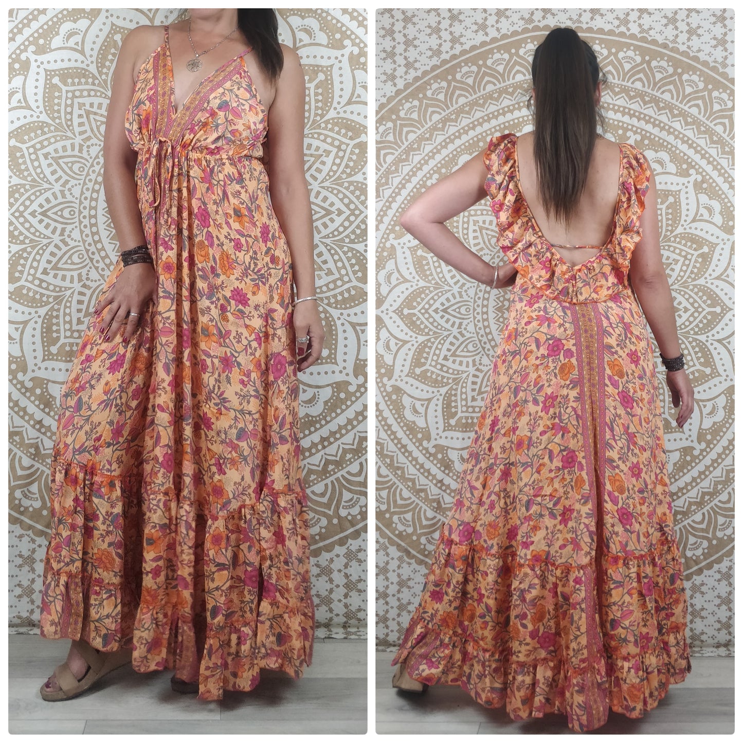 Robe dos nu Mahima en soie indienne. Robe longue bohème. Imprimé fleuri orange / ethnique vert et marron / paisley bleu et blanc.