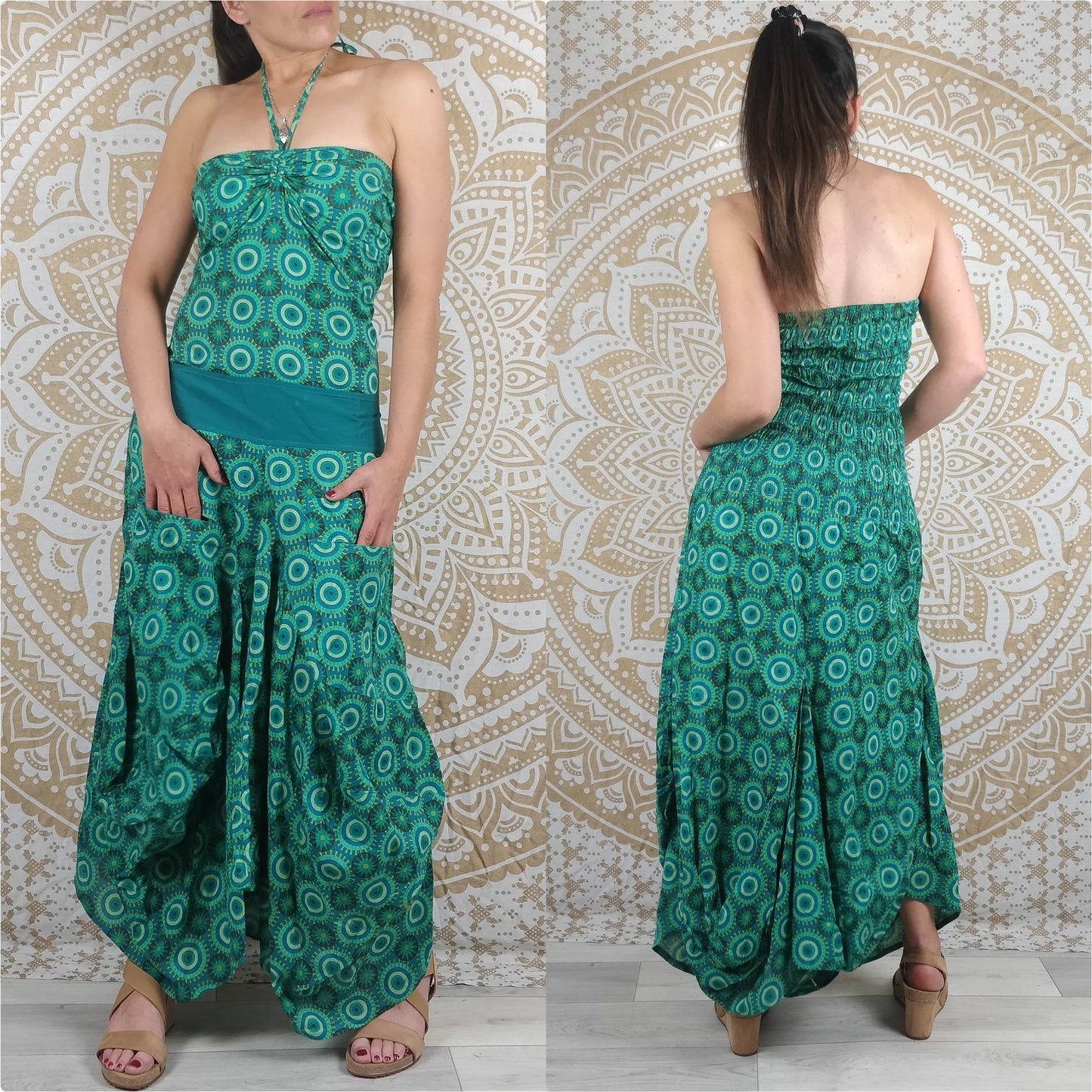 Robe longue Moga en coton. Jupe boule avec poches, décoletté ajustables, épaules dénudées. Imprimé géométrique vert / turquois / bleu.