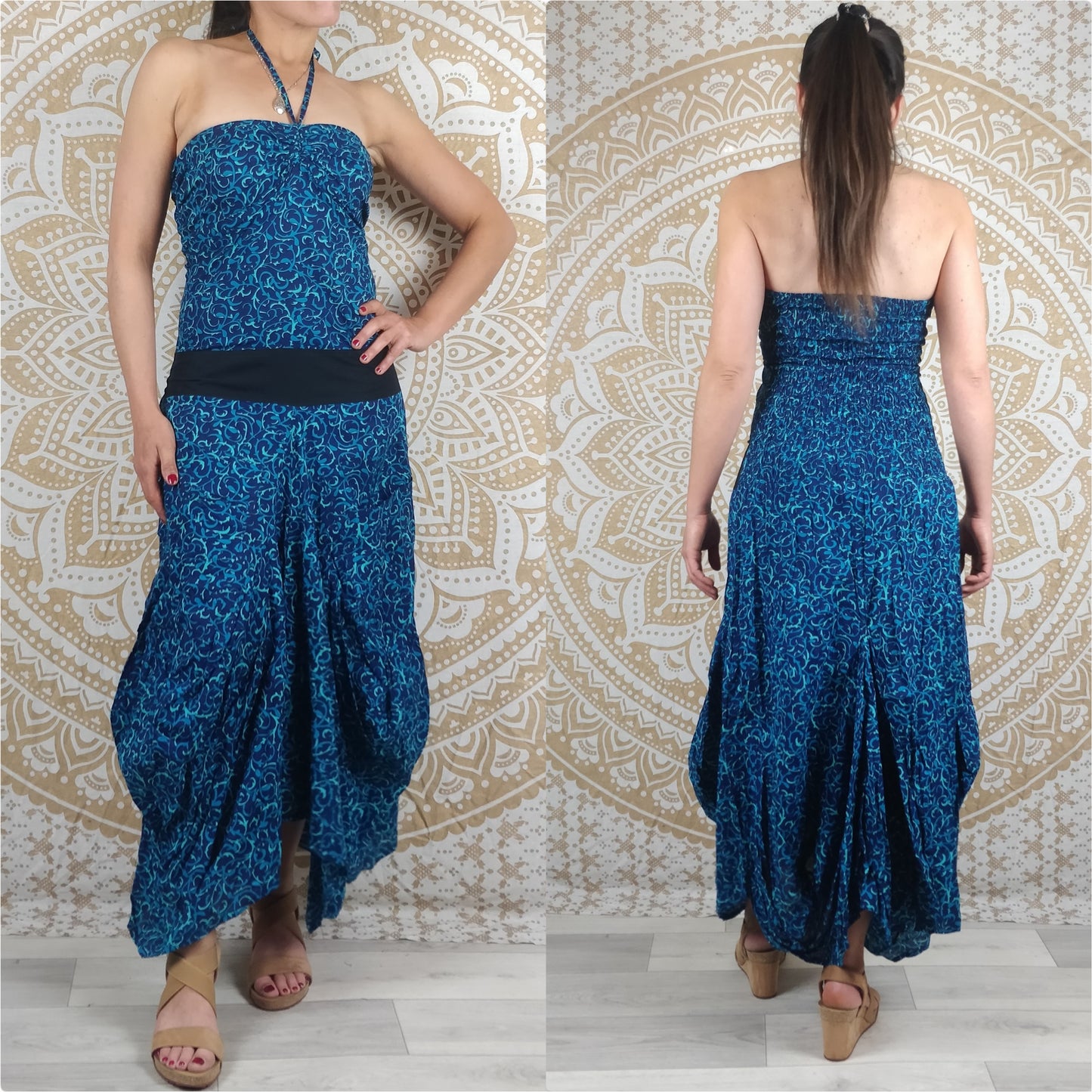 Robe longue Moga en coton. Jupe boule avec poches, décoletté ajustables, épaules dénudées. Imprimé géométrique vert / turquois / bleu.