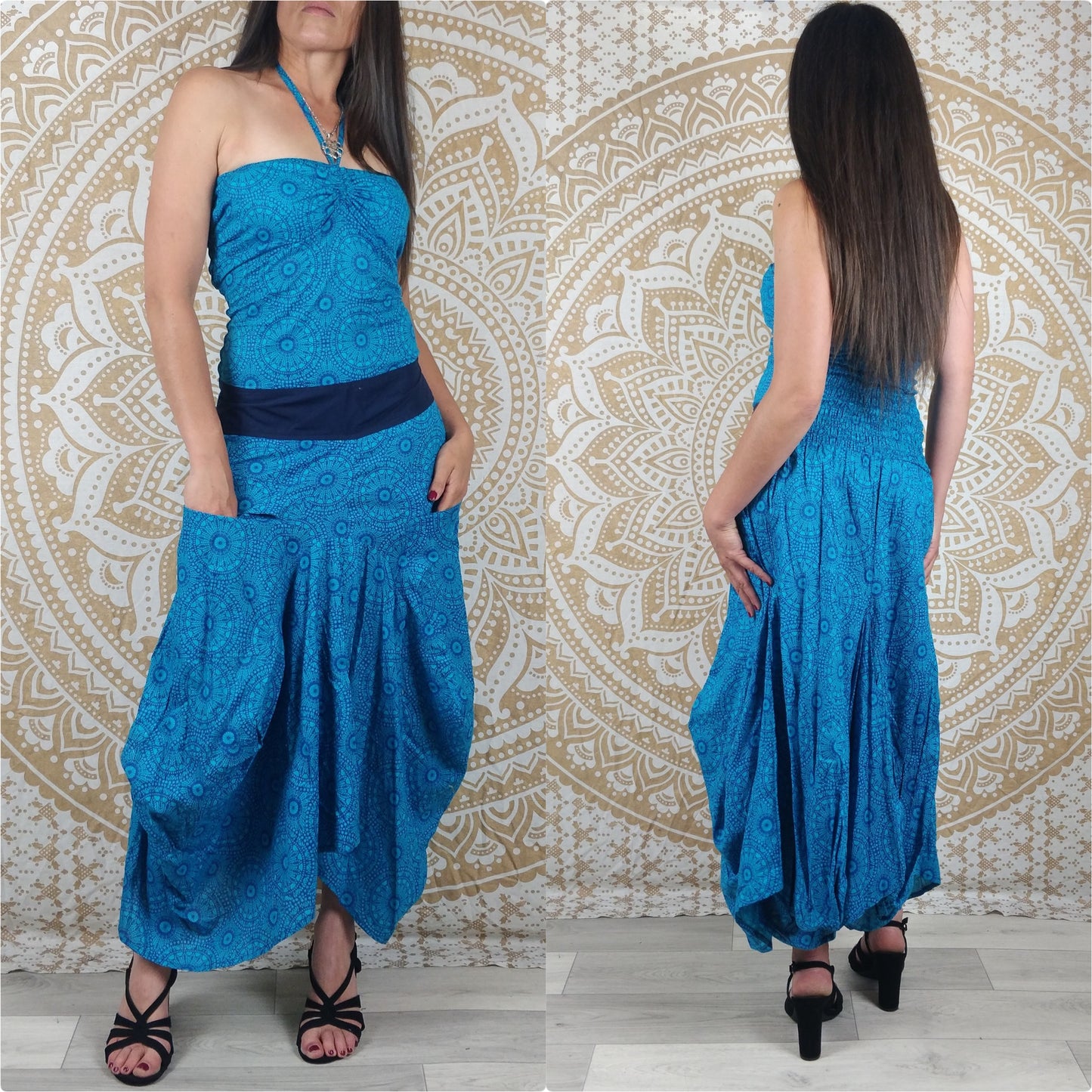 Robe longue Moga en coton. Jupe boule avec poches, décoletté ajustables, épaules dénudées. Imprimé géométrique vert / turquois / bleu.