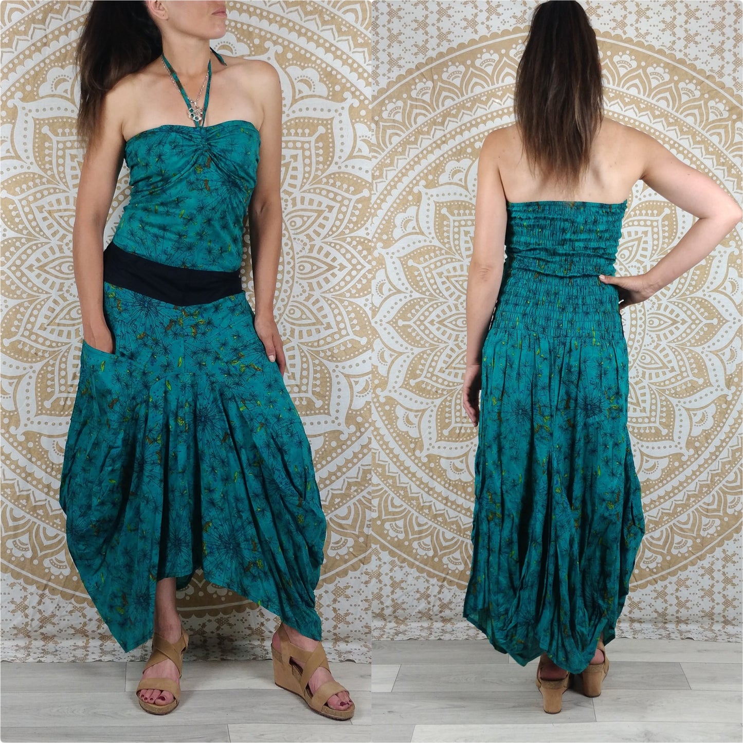 Robe longue Moga en coton. Jupe boule avec poches, décoletté ajustables, épaules dénudées. Imprimé géométrique vert / turquois / bleu.