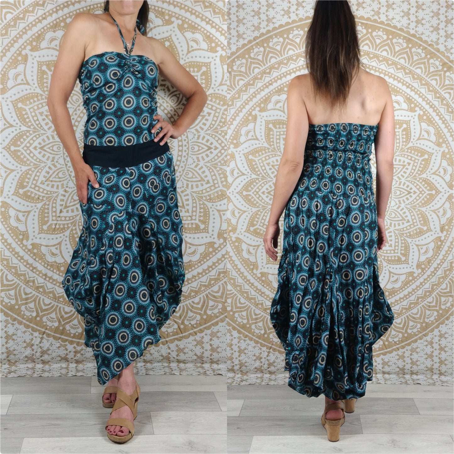 Robe longue Moga en coton. Jupe boule avec poches, décoletté ajustables, épaules dénudées. Imprimé géométrique vert / turquois / bleu.