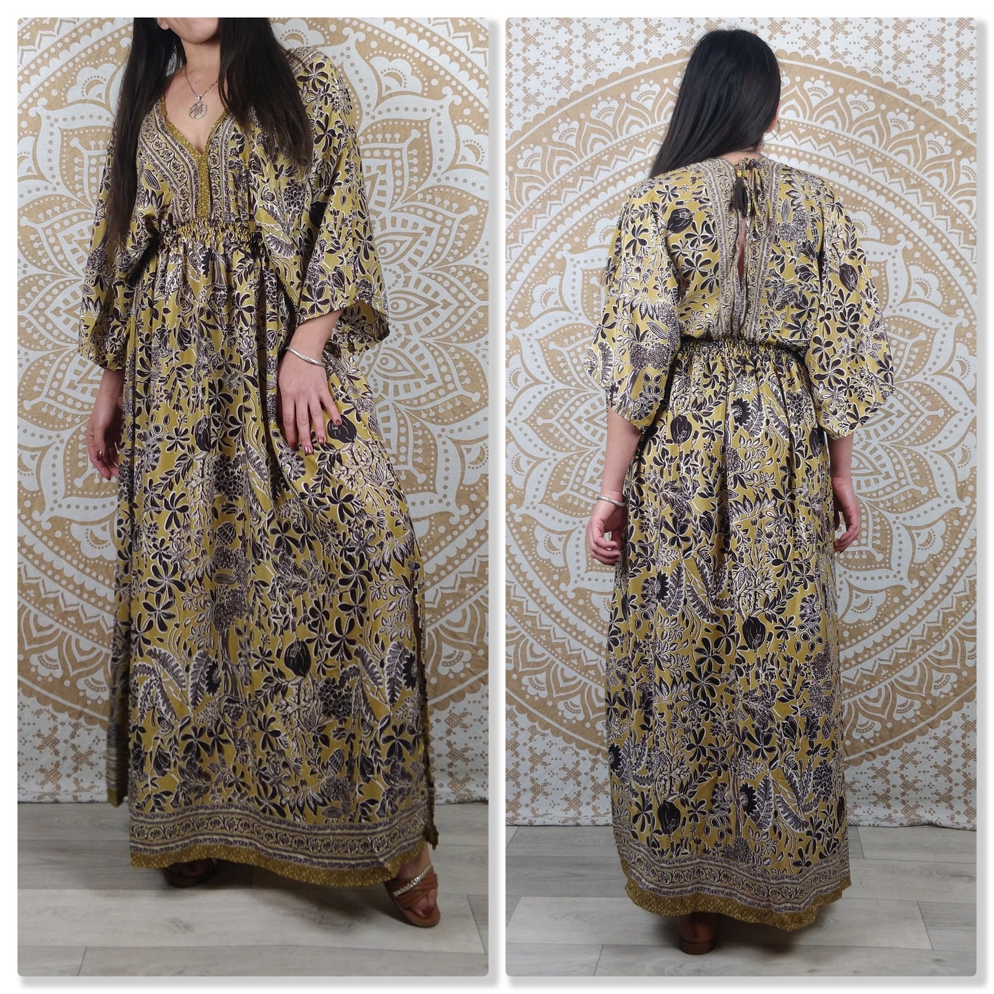 Robe longue Nabha en soie indienne. Robe bohème fendu avec col en V. Imprimé fleuri jaune / fleuri noir et marron.