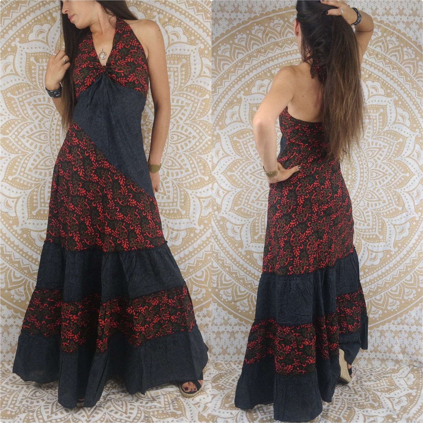 Robe longue Patiala en coton. Robe d'été bicolore, bohème chic. Imprimé feuilles rouges et Plumes Grise