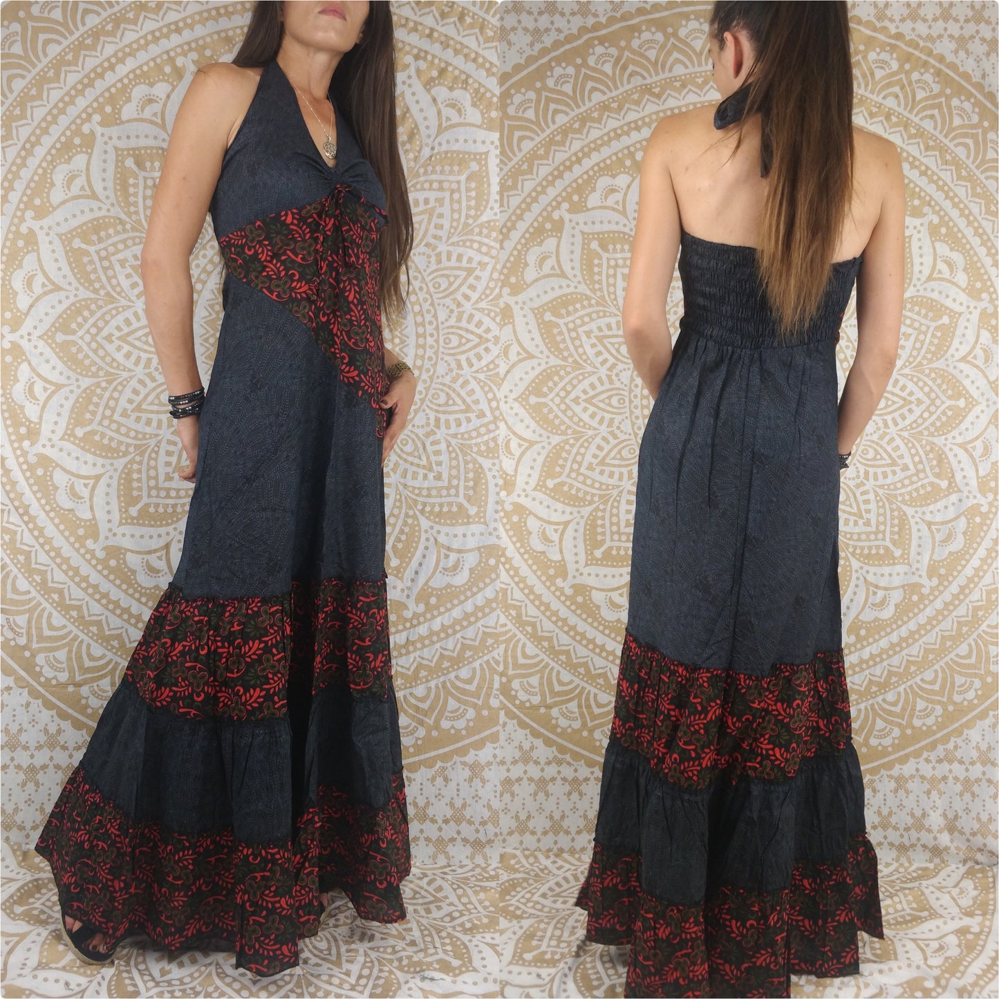 Robe longue Patiala en coton. Robe d'été bicolore, bohème chic. Imprimé feuilles rouges et Plumes Grise