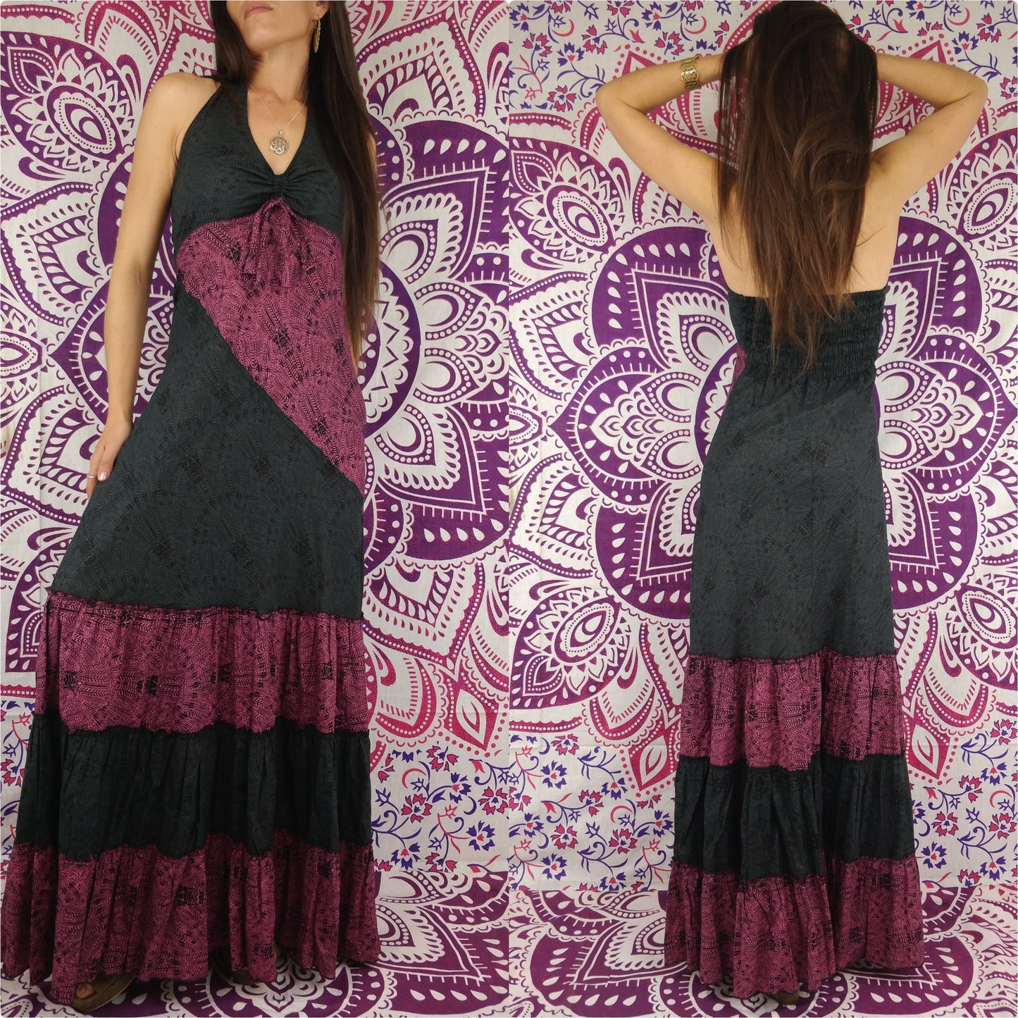 Robe longue Patiala en coton. Robe d'été bicolore bohème chic. Imprimé plumes grises foncées et violettes.