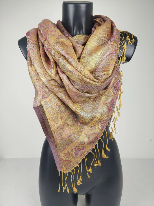 Pashmina Mangal réversible en modal / soie. Echarpe aux motifs paisley jaune et rose.