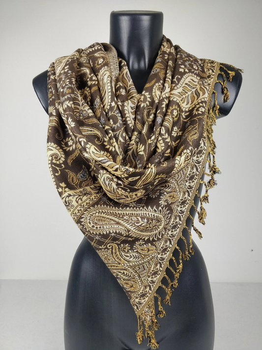 Pashmina Asoha réversible en viscose. Echarpe aux motifs paisley marron.