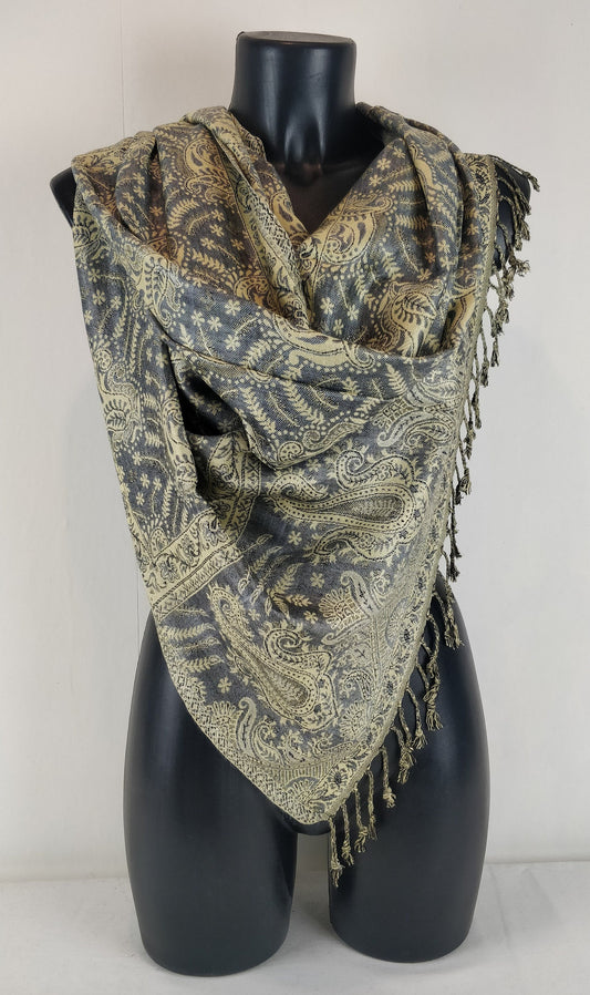 Wendbarer Asoha-Pashmina aus Viskose. Graues Paisley-Muster.