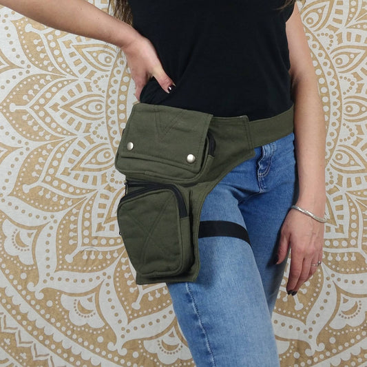 Sac de hanche Randah en coton. Pochette ceinture utilitaire unisexe noire ou verte.