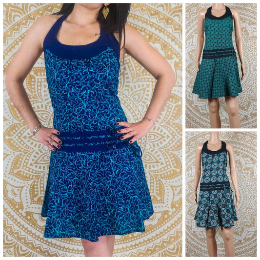 Robe courte Deoria en coton. Imprimé bleu / vert / turquois.