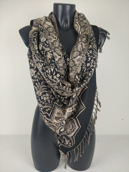 Sangam Wende-Pashmina aus Viskose. Schwarzes Paisley-Muster.