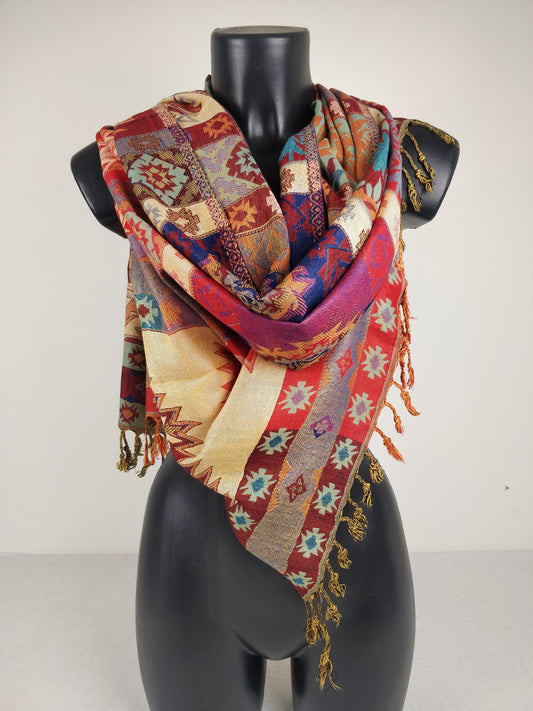 Pashmina Arsena réversible en viscose. Echarpe motifs géométriques de style inca, multicolore.