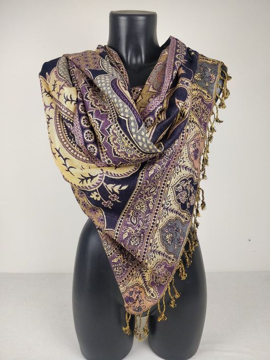 Pashmina vintage Hantra en viscose. Echarpe réversible aux motifs paisley violet.