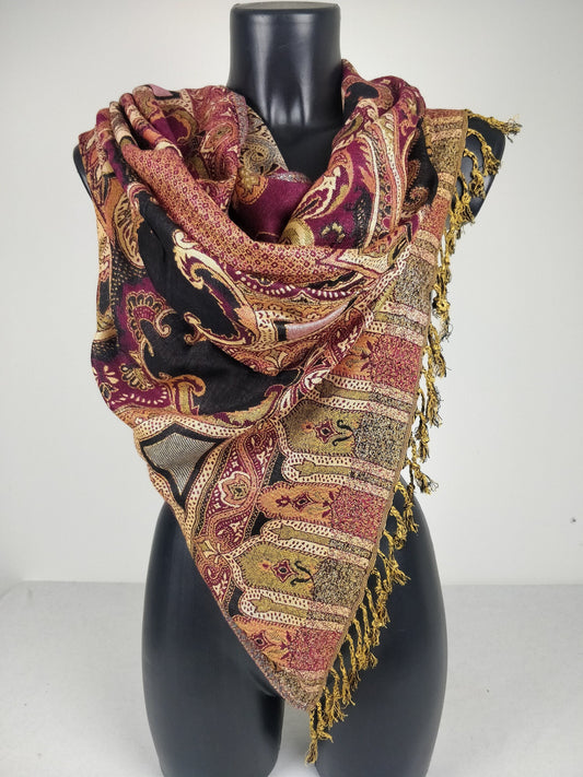 Pashmina vintage Hantra en viscose. Echarpe réversible aux motifs paisley multicolore.