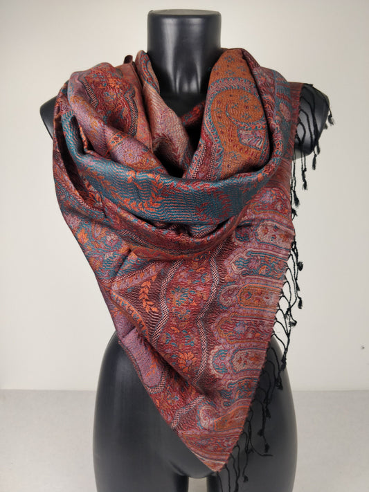 Wende-Mangal-Pashmina aus Modal/Seide. Braunes und blaues Paisley-Muster.