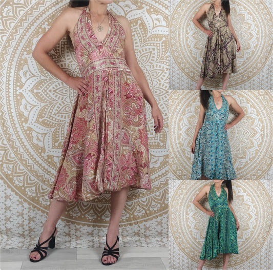 Robe mi-longue Morija en soie indienne. Robe bohème épaules dénudées. Imprimé paisley rose / bleu / vert / noir, marron et bordeaux