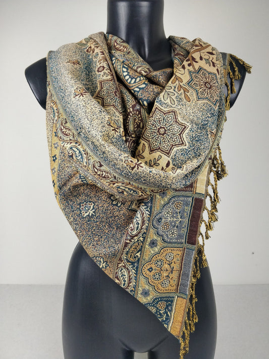 Pashmina vintage Hantra en viscose. Echarpe réversible aux motifs paisley marron, bleu.