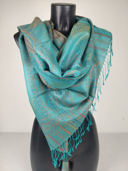 Pashmina Mangal réversible en modal / soie. Echarpe motif paisley turquois.