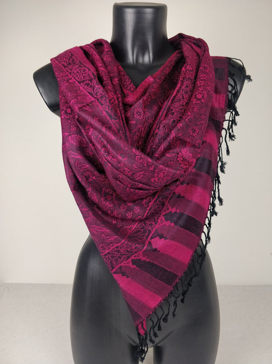 Pashmina Mangal réversible en modal / soie. Echarpe motif fleuri fuchsia.