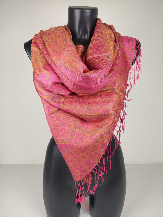 Pashmina Mangal réversible en modal / soie. Echarpe motif paisley rose et jaune.