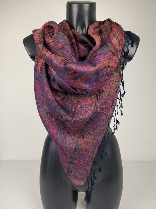 Pashmina Mangal réversible en modal / soie. Echarpe motif paisley marron, violet et bleu.